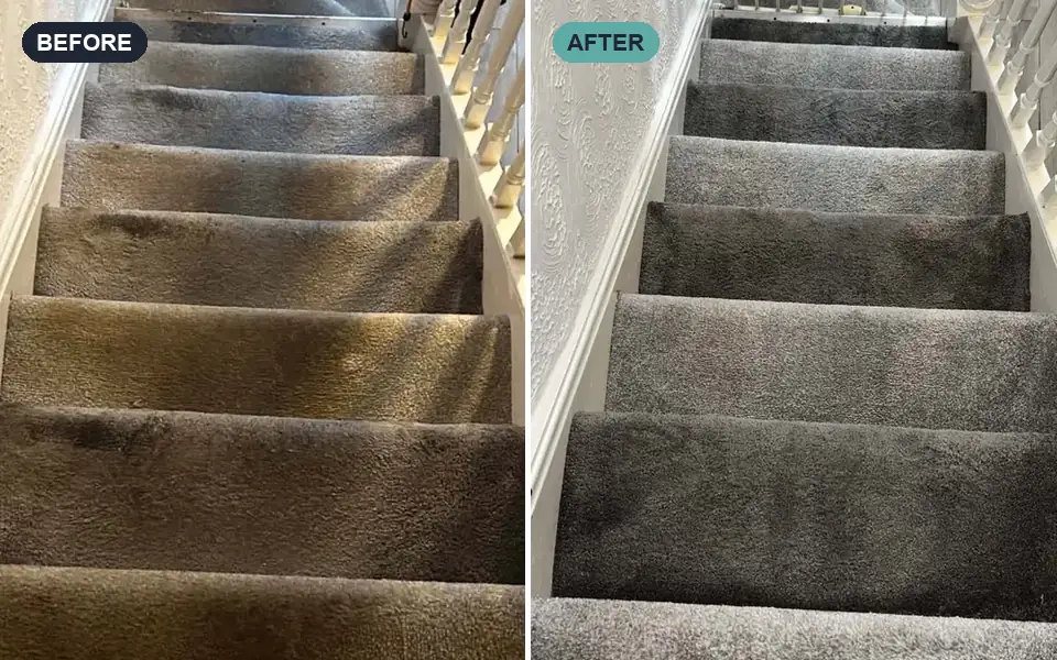 Stained staircase carpet before and after a deep carpet clean
