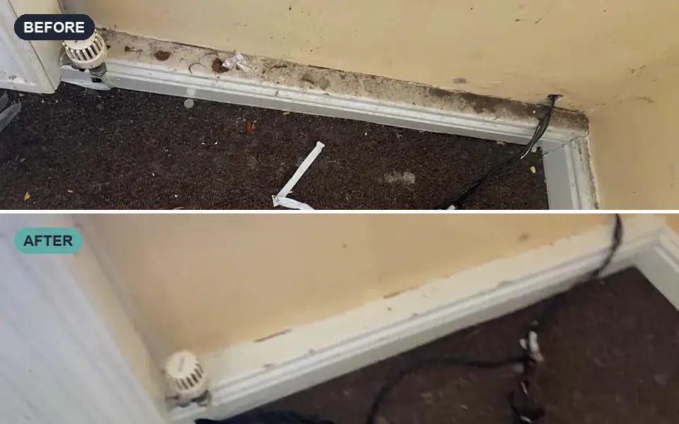 Dirty skirting board and floor in an empty property, before and after cleaning