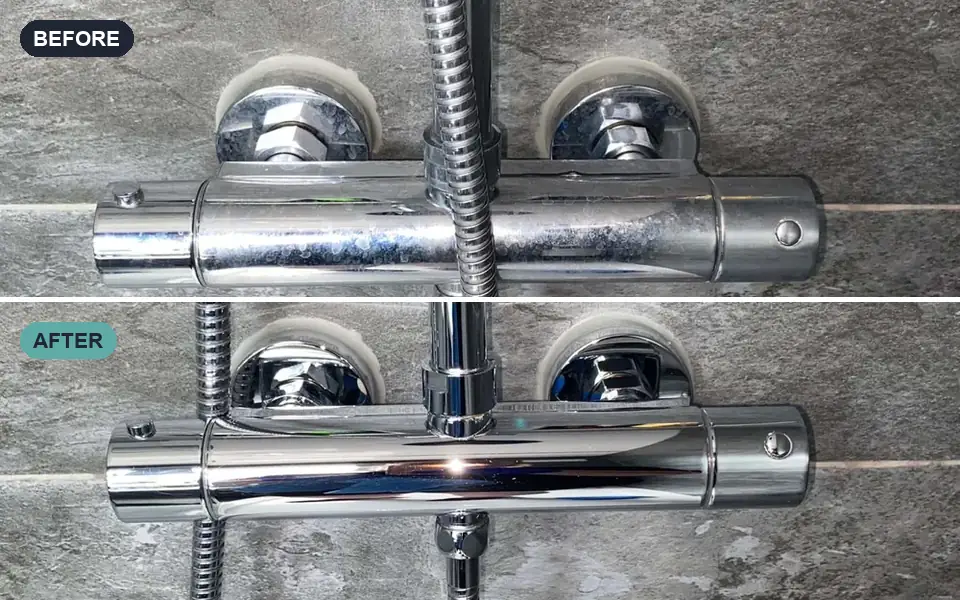 Shower valve covered in limescale, before and after cleaning