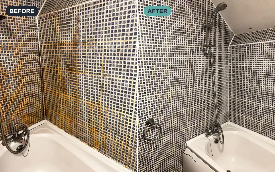 Mosaic bathroom tiles with stained grout, before and after a deep clean